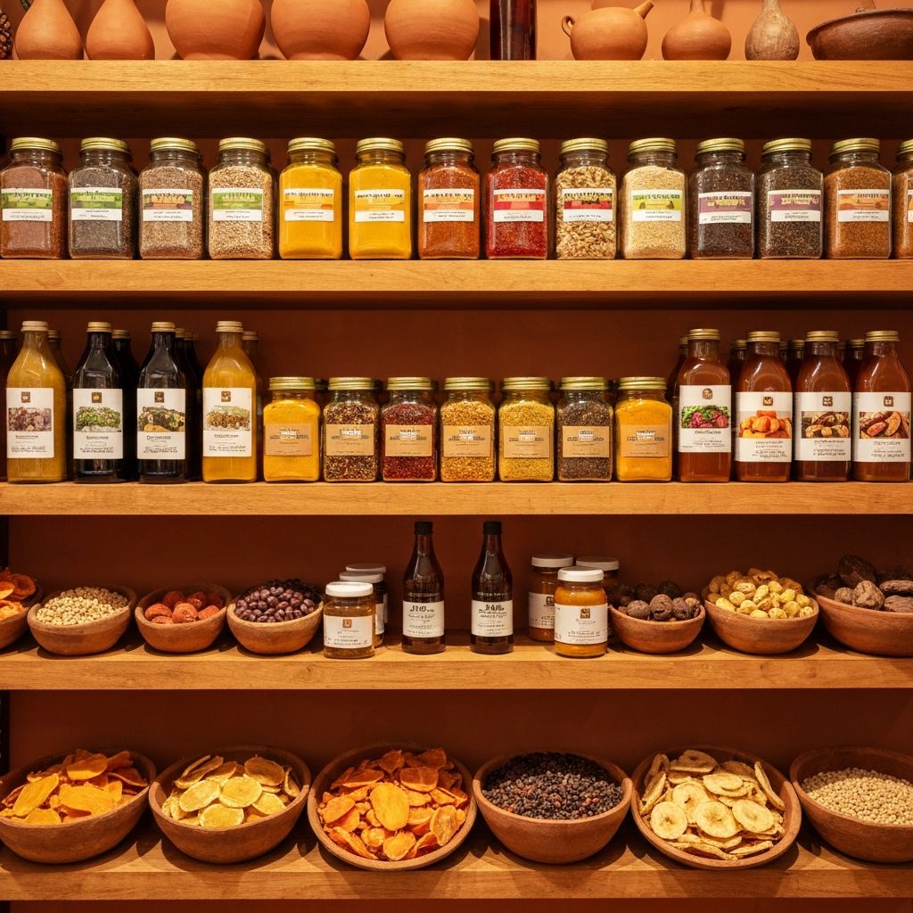 Shelves of authentic African food products including spices, grains and sauces at Abia African Shop